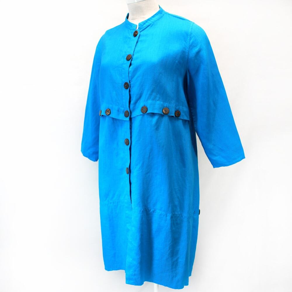 Cheyenne Art to Wear Shirt Dress Lagenlook Blue 100% Linen Button Down Large